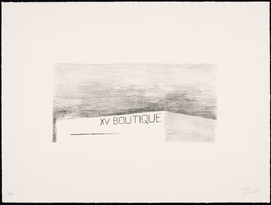 A black-and-white print of a building with "XV Boutique" written across the top of the structure against a dark sky.