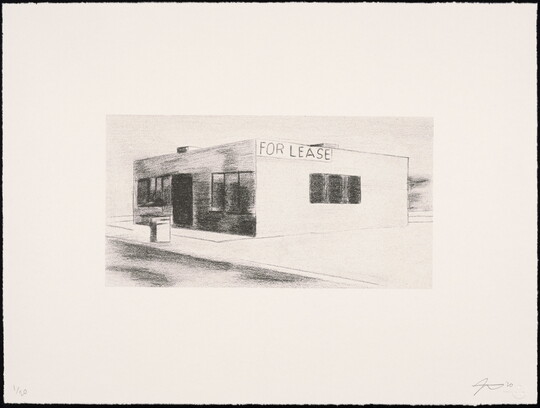 A black-and-white print of the front and side of a building with a storefront with a "for lease" sign hanging from the side.