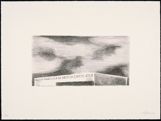 A black-and-white print of a building with "Iglesia Evangélica de Dios en Cristo Jesús" written across the top of the structure.