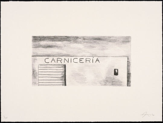 A black-and-white print of a warehouse-like with "Carnicería" written across the top of the structure.