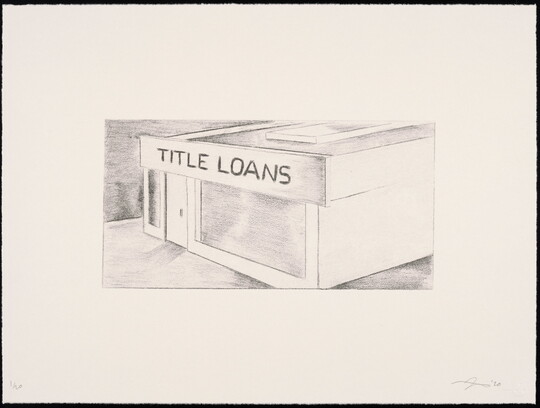 A black-and-white print of a building, viewed from above, with "Title Loans" written across the top of the structure.