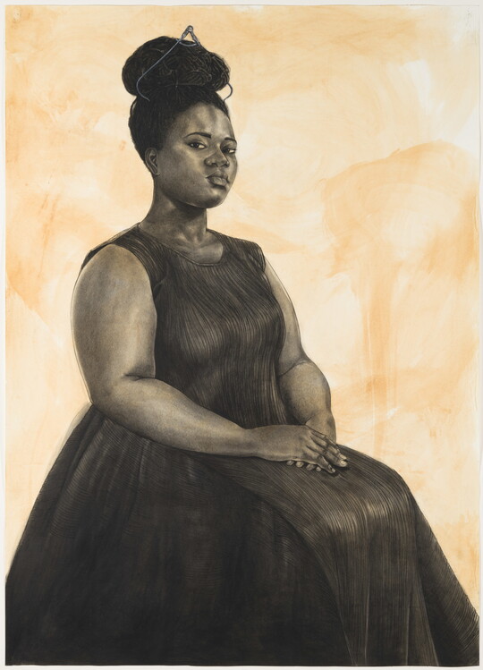 A portrait drawing of a seated young Black woman with an updo and formal dress wearing a pair of calipers as a tiara.