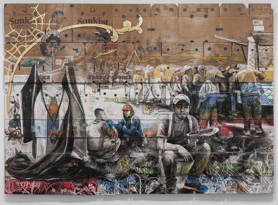 A large-scale drawing on cardboard produce boxes of a queen figure standing next to food laborers eating and in line at a food truck.