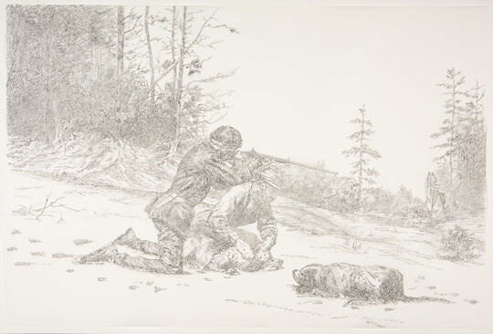 A black-and-white drawing of two hunters and their dog kneeling in the snow as one hunter takes aim at an animal in the distance.