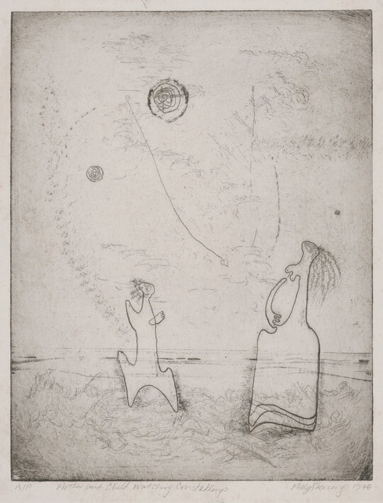 An abstract black-and-white print of two figures looking toward circular objects in the sky.