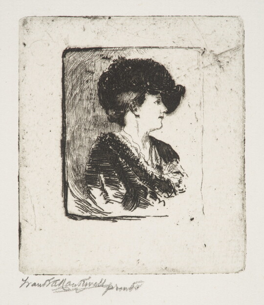 A black-and-white print portrait of a White woman in profile wearing a large hat.