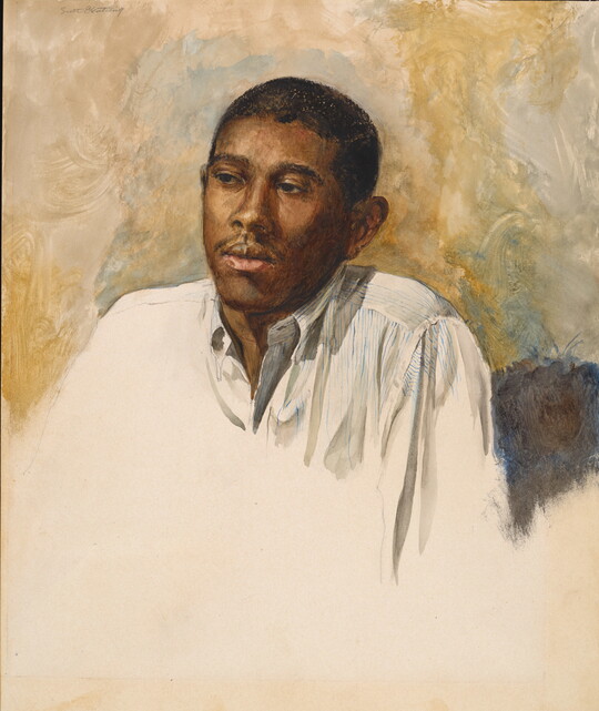 A watercolor portrait of a Black man in a white shirt against a beige wall.