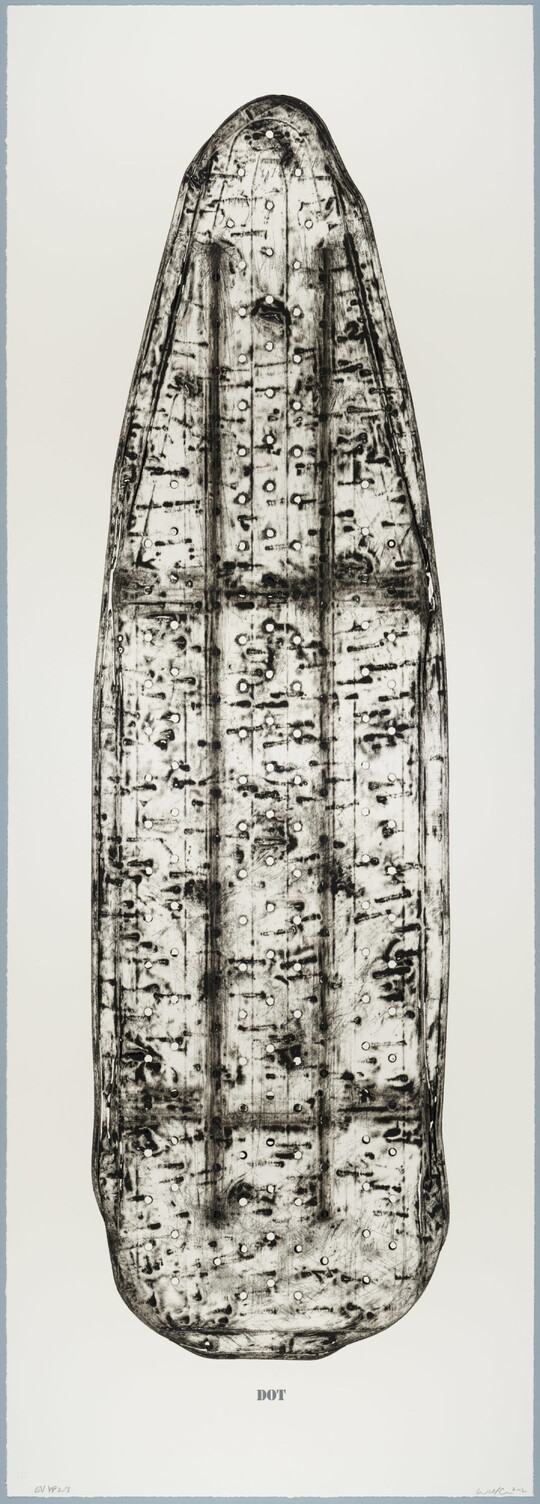 A black-and-white print of an ironing board filled with holes and dents, showing the shadows of its supporting structure, and with the word "DOT" below the image.