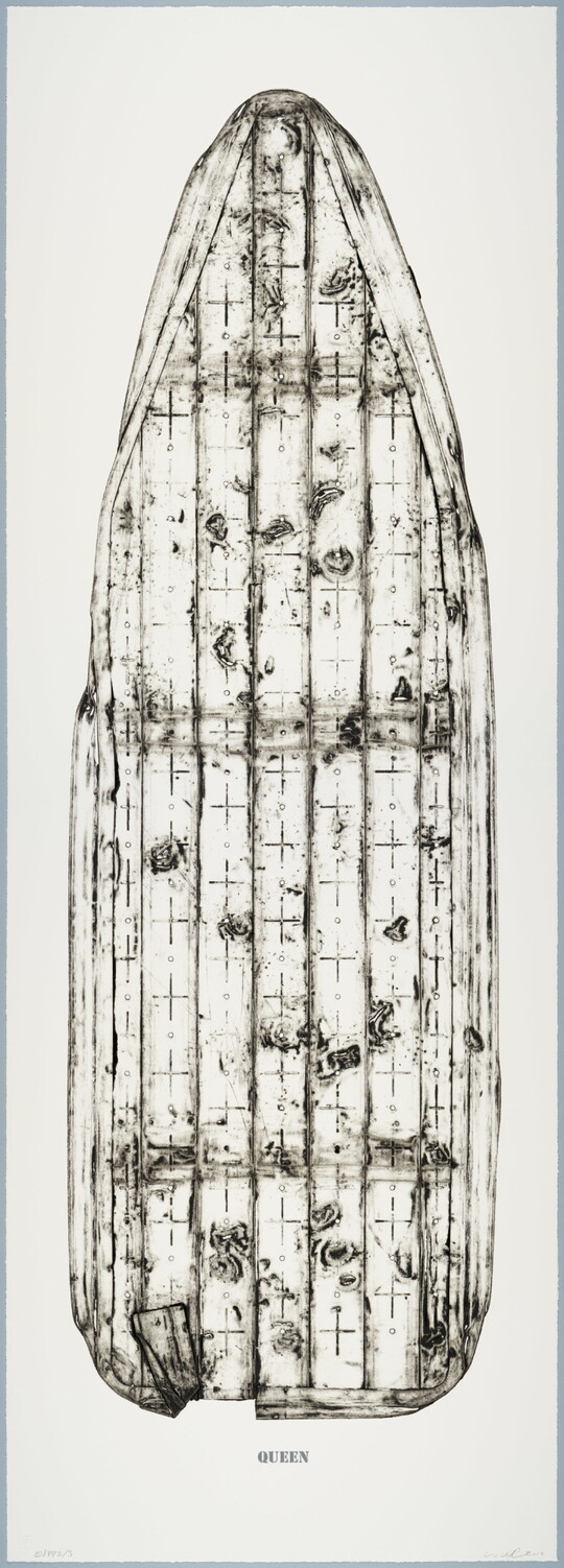 A black-and-white print of an ironing board filled with holes and dents, showing the shadows of its supporting structure, and with the word "QUEEN" below the image.