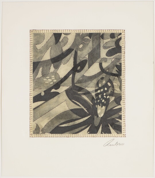 An abstract, mostly flat creation of lines and geometric shapes that resemble plant stems, leaves, and flowers layered in shades of gray and black.