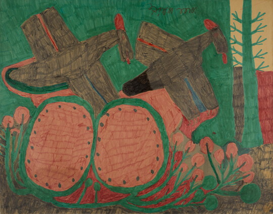 A color marker drawing in folk-art style of two brown birds flying over two cut-open watermelons in a garden.