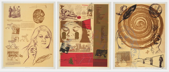 Three side-by-side color prints: left, an illustration of a Latina holding a flower surrounded by text, masks, and skeletons; center, a collage of text and illustrations of plants, people, and animals; right, a coiled snake with illustrations of a Latina holding a flower, seashells, a feather, and text.