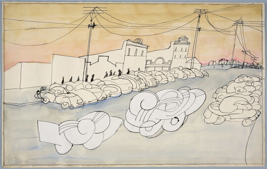 An ink and watercolor drawing of abstract Beetle-like vehicles on a road, parked and driving, with buildings and powerlines in the background.