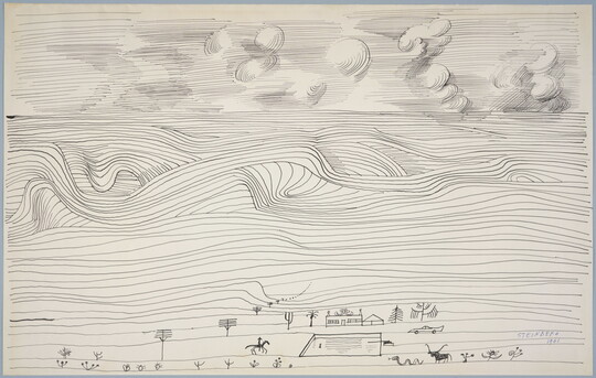 An line drawing of a landscape with swirly lines indicating clouds, curved lines suggesting the prairie, and a small ranch scene in the foreground.