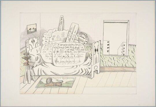 A color print of a bedroom with illegible thought bubbles stacked on the bed and window with a view of geometric buildings.