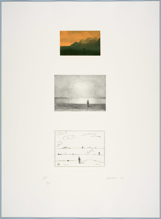 A color print of three scenes: top, the dark silhouette of a man in a dark landscape under an orange sky; middle, the silhouette of a man standing in hazy light; bottom, the silhouette of a man standing in a landscape illustrated with simple lines.