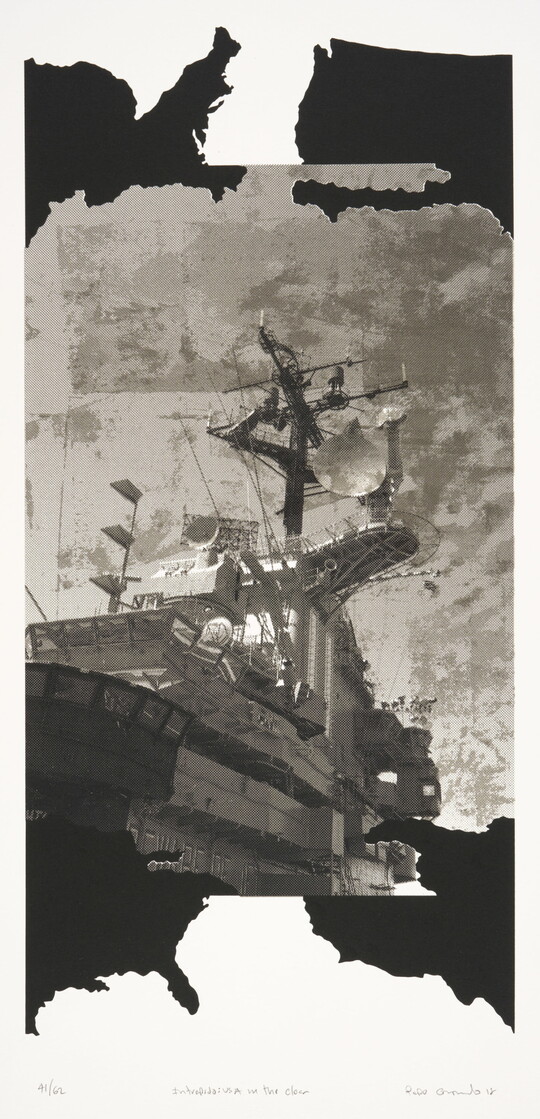 A black-and-white print of repeating black silhouettes of the United States overlaid on a photograph of a battleship.