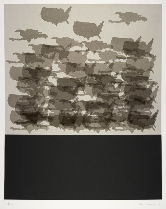 A black-and-white print of multiple outlines of the United States and the island of Hispaniola overlaid on top of each other, and a black rectangle at the bottom.