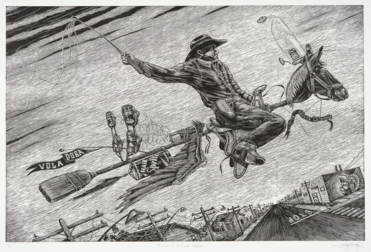 A black-and-white print of a cowboy riding a broomstick with a horse's head flying above a street lined with buildings and powerlines.