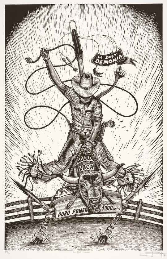 A black-and-white print of a front view of a cowboy riding a vacuum with a bull's head, one arm raised holding a lasso, in a corral.