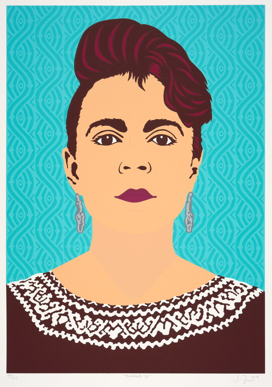 A color print of a Latina woman from the chest up with maroon hair with pink details, dark pink lipstick, and wearing a maroon sweater with a white pattern along the collar.