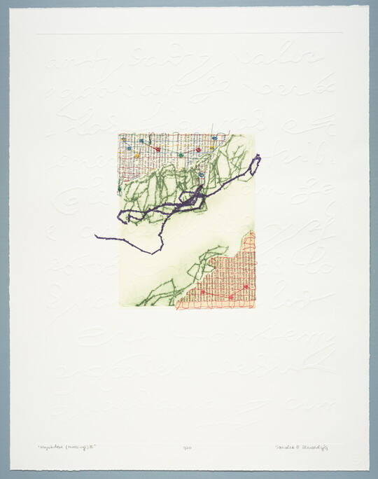 An abstract print with stitching in red, green, and black over newspaper clippings in English and Spanish with embossed handwriting along the border.