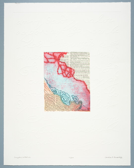 An abstract print with stitching in red, blue, and black over newspaper clippings in English and Spanish with embossed handwriting along the border.