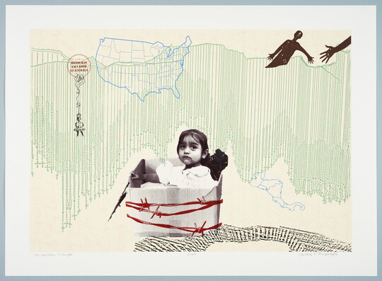 A abstract color print of a child sitting in a box wrapped in red barbed wire under a curtain of green rosaries, a blue line drawing of the U.S., and a figure drowning in the rosaries and reaching toward a hand.