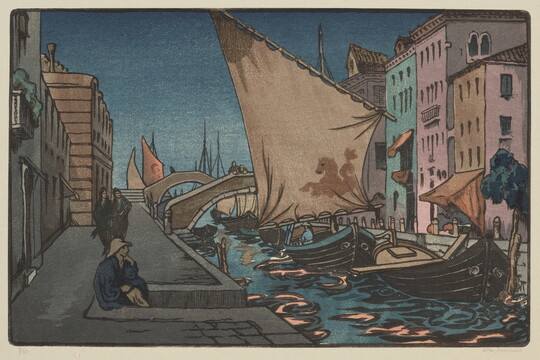 A color print of boats passing along a narrow canal through a colorful city under a dark blue sky.
