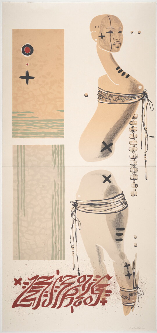 A color print of a standing mannequin, top and bottom separate, next to panels with Native American designs and red graffiti on the bottom.