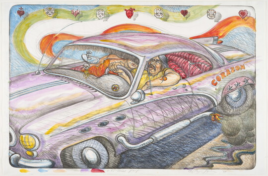 A color print of a man with a mustache, a woman leaning on his shoulder, driving a large purple car over a rainbow background.