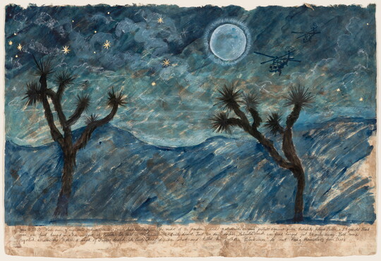 A watercolor painting of two helicopters, cockpits shaped like skulls, flying through a night sky toward two large Joshua trees, and several lines of script at the bottom.
