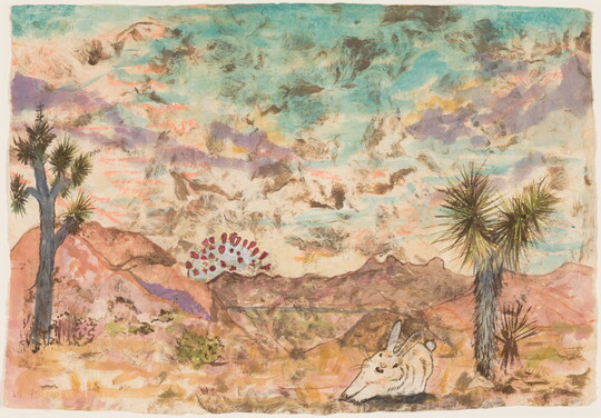 A watercolor painting of a desert landscape with a white rabbit, two Joshua trees, and mountains with a COVID-19 virus rising like the sun.