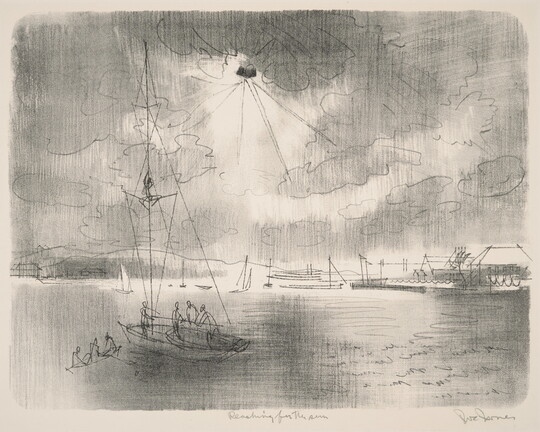 A black-and-white print of a line drawing of people in small sailboats on calm water on a cloudy day.