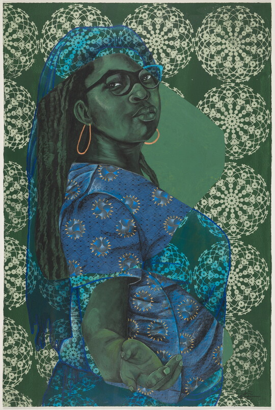 A drawing of a Black woman standing in profile, head turned to look at the viewer, long hair in braids, glasses, wearing a blue decorative top, her right hand outstretched.