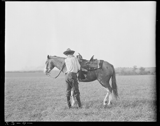 A black-and-white image of a cowboy standing in a field next to his horse adjusting the saddle.