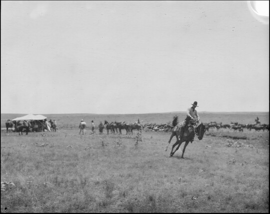 A black-and-white image of cowboys, some on horseback, heading toward a tent as one on horseback rides toward the viewer.