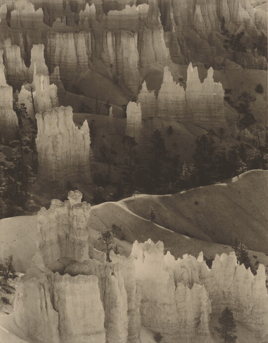 A black-and-white photograph of a canyon surrounded by jagged rock formations that seem to glow in the light.