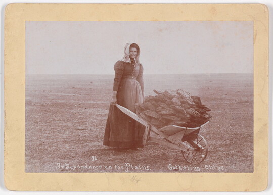 A black-and-white photograph of a White woman wearing a long, dark dress and a bonnet pushing a wheelbarrow filled with manure.