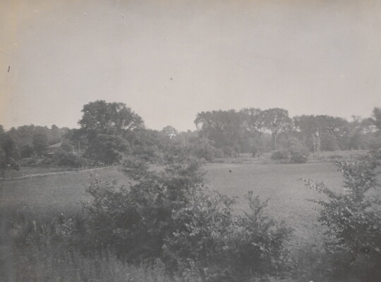 A black-and-white photograph of a heavily wooded area surrounding a grassy field with a home-like structure off in the distance.