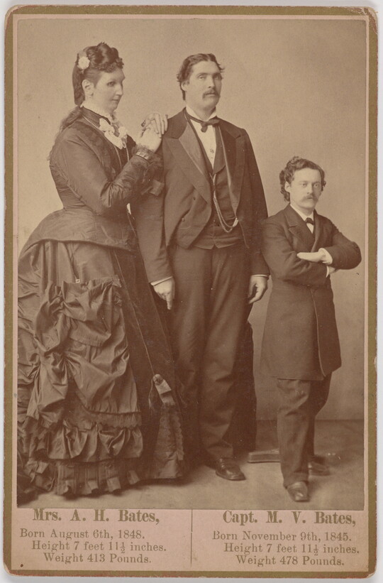 A sepia-toned portrait photography of a very tall, White woman in an elaborately draped dress next to a very tall, White man, and a White man of average height, both in suits.