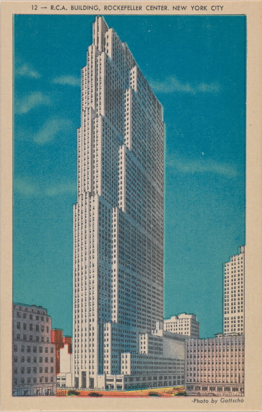 A color postcard of a tall skyscraper against a blue sky.