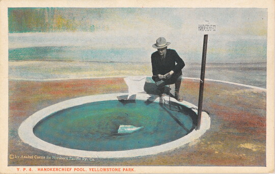 A color postcard of a man in a park ranger uniform crouching next to a blue pool with a small piece of white fabric on the end of a stick.