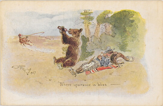 A color postcard with an illustration of a man sleeping on the ground next to a bear drinking from a bottle as a horse runs away in the distance.