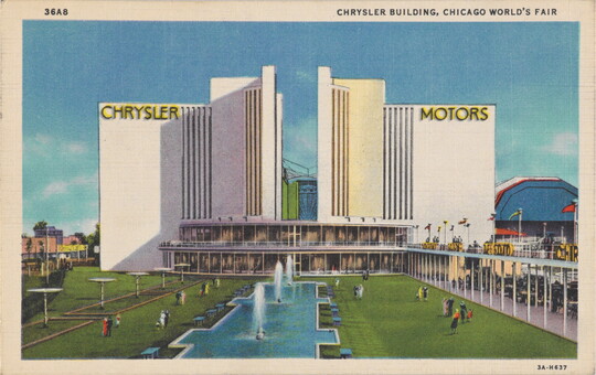 A color postcard of the grounds, fountain, and facade of a modern building that says "Chrysler Motors."