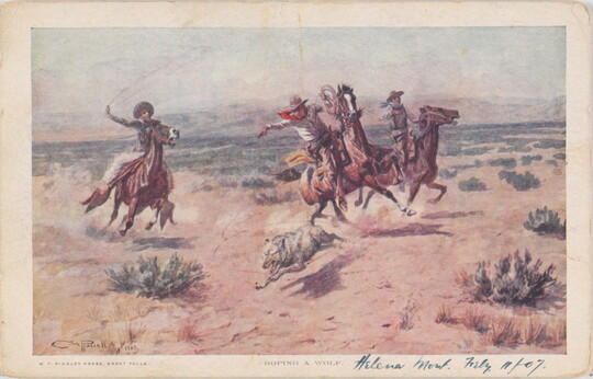 A color print postcard of a painting of three White cowboys on running horses attempting to rope a wolf.