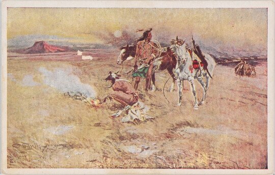 A color postcard with an illustration of two Indigenous people and their horses starting a fire on dry grasslands.