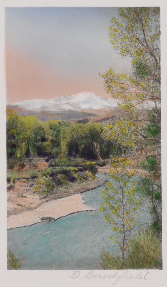 A color photograph of a blue river, green trees, and snowy mountains in the distance.