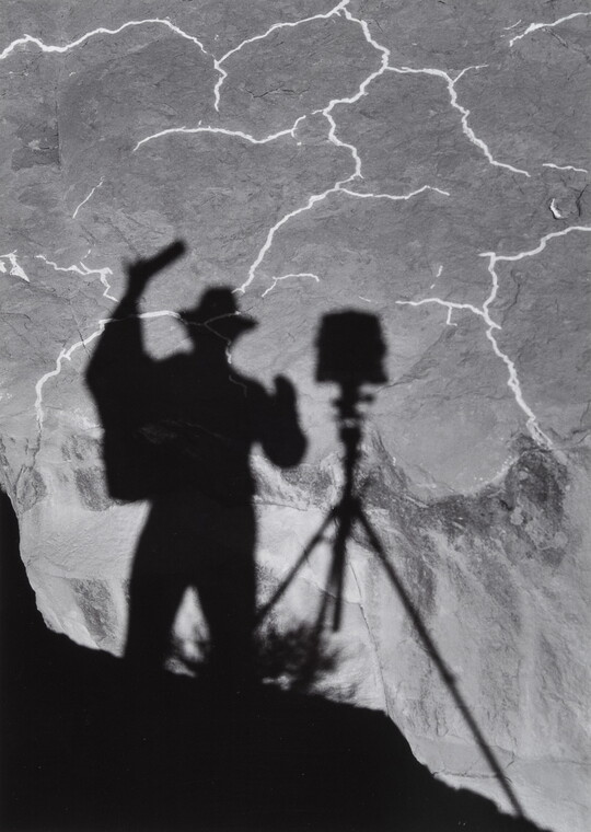 A black-and-white photograph of the shadow of a person and tripod with camera cast from above onto the landscape below.