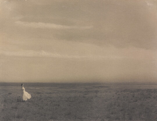 A black-and-white photograph of a woman in a white dress standing in a large meadow.